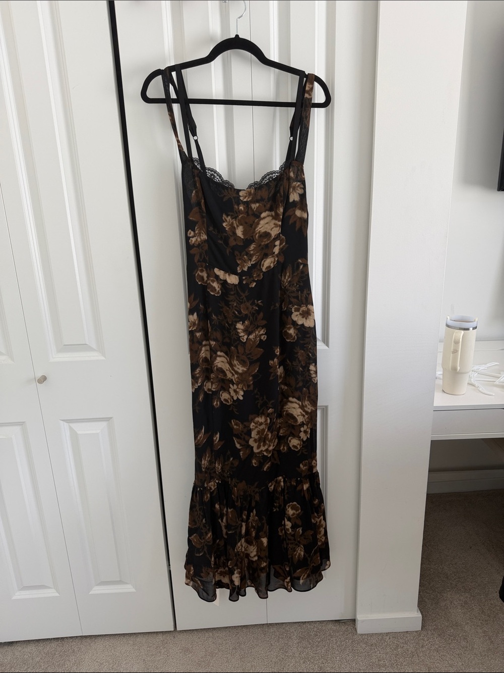 Reformation Black Maxi Slip Dress with Brown Floral Print